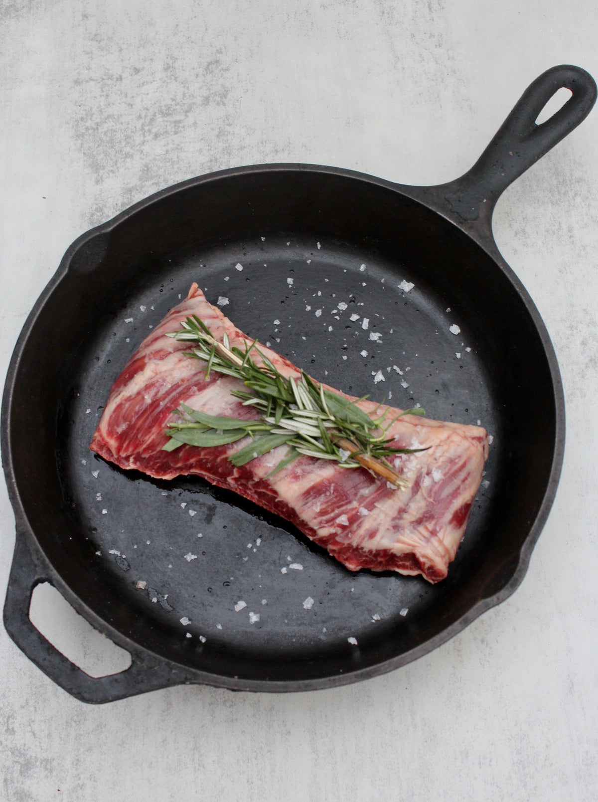Pastured Beef, Prime Skirt Steak in Cast Iron with Salt and Rosemary